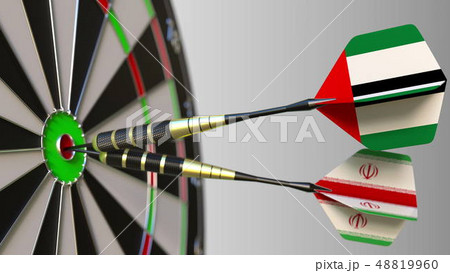 Flags of the UAE and Iran on darts hitting bullseye of the target. International cooperation or Flags of the UAE and Iran on darts hitting bullseye of the target. International cooperation or 48819960