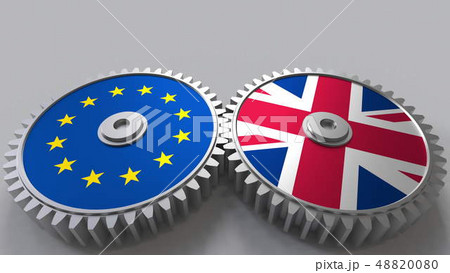 Flags of the European Union and The United Kingdom on meshing gears. International cooperation 48820080
