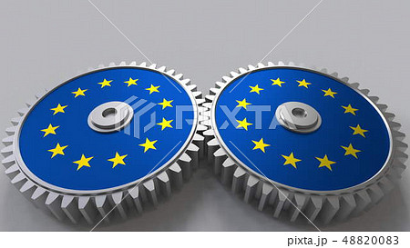 national project. Flags of the European Union EU on moving cogwheels. Conceptual 3D rendering national project. Flags of the European Union EU on moving cogwheels. Conceptual 3D rendering 48820083