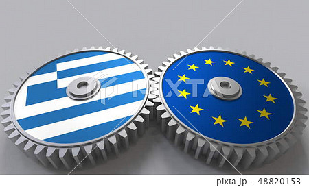 Flags of Greece and the European Union on meshing gears. International cooperation conceptual 3D 48820153