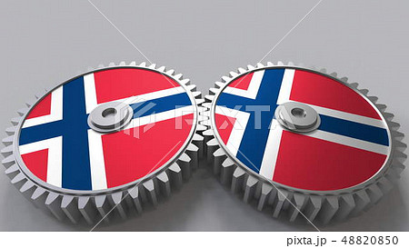 Norwegian national project. Flags of Norway on moving cogwheels. Conceptual 3D rendering 48820850