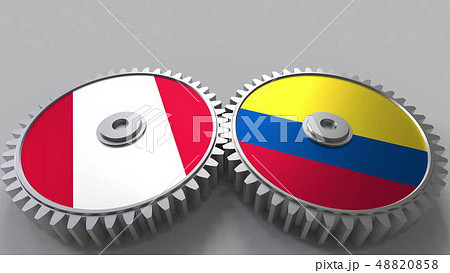 Flags of Peru and Colombia on meshing gears. International cooperation conceptual 3D rendering Flags of Peru and Colombia on meshing gears. International cooperation conceptual 3D rendering 48820858