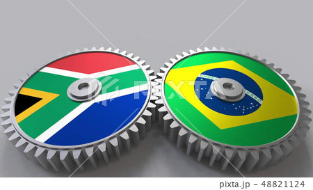 Flags of South Africa and Brazil on meshing gears. International cooperation conceptual 3D rendering Flags of South Africa and Brazil on meshing gears. International cooperation conceptual 3D rendering 48821124