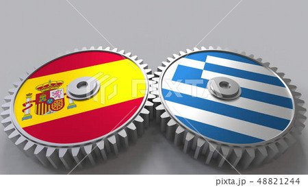 Flags of Spain and Greece on meshing gears. International cooperation conceptual 3D rendering Flags of Spain and Greece on meshing gears. International cooperation conceptual 3D rendering 48821244