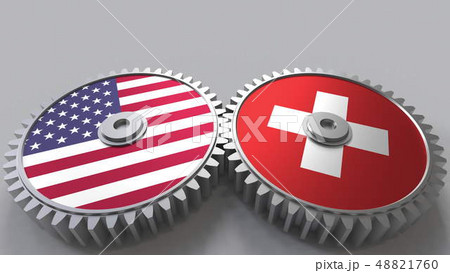Flags of the USA and Switzerland on meshing gears. International cooperation conceptual 3D rendering 48821760