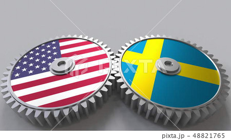 Flags of the USA and Sweden on meshing gears. International cooperation conceptual 3D rendering 48821765
