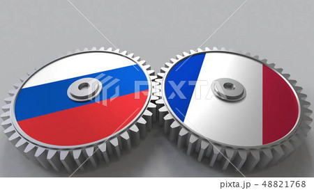 Flags of Russia and France on meshing gears. International cooperation conceptual 3D rendering 48821768