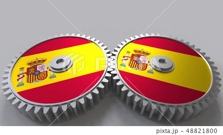 Spanish national project. Flags of Spain on moving cogwheels. Conceptual 3D rendering Spanish national project. Flags of Spain on moving cogwheels. Conceptual 3D rendering 48821800