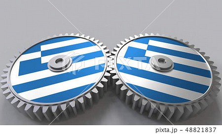 Greek national project. Flags of Greece on moving cogwheels. Conceptual 3D rendering 48821837