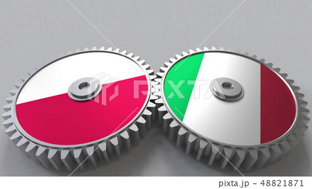 Flags of Poland and Italy on meshing gears. International cooperation conceptual 3D rendering 48821871