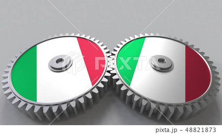 Italian national project. Flags of Italy on moving cogwheels. Conceptual 3D rendering Italian national project. Flags of Italy on moving cogwheels. Conceptual 3D rendering 48821873