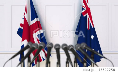 Flags of the United Kingdom and Australia at international meeting or conference. 3D rendering 48822250