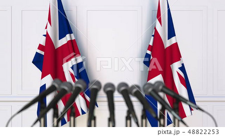 British official press conference. Flags of the United Kingdom and microphones. Conceptual 3D 48822253