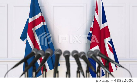 Flags of Iceland and The United Kingdom at international meeting or conference. 3D rendering Flags of Iceland and The United Kingdom at international meeting or conference. 3D rendering 48822600