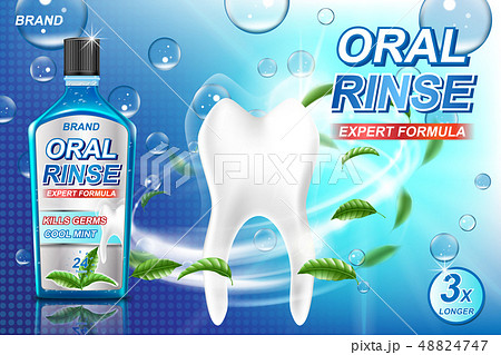 Mouth rinse ads, refreshing mouthwash product with mint leaves and aqua elements. White tooth and Mouth rinse ads, refreshing mouthwash product with mint leaves and aqua elements. White tooth and 48824747
