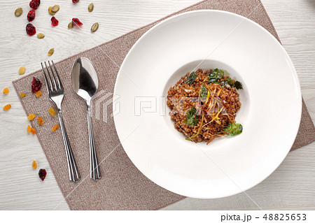 Buckwheat porridge buckwheat porridge in a white plate. Russian traditional food 48825653