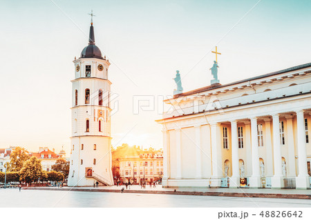 Vilnius Lithuania. Cathedral Square With Bell Tower, Cathedral Basilica In Summer Sunset, Sunbeam 48826642