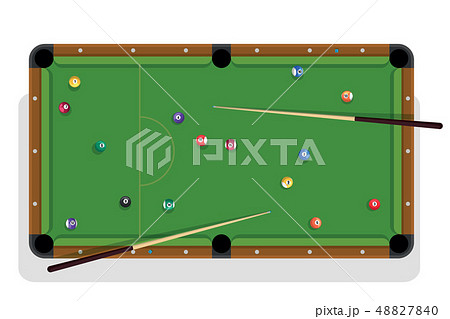 Pool table, billiard stick and billiard balls for game. Pool table with colorful balls and cua top Pool table, billiard stick and billiard balls for game. Pool table with colorful balls and cua top 48827840