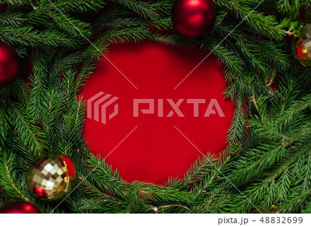 Christmas background. Balls of gold and red. Toys. 48832699