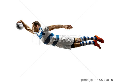 The silhouette of one caucasian rugby male player isolated on white background 48833016