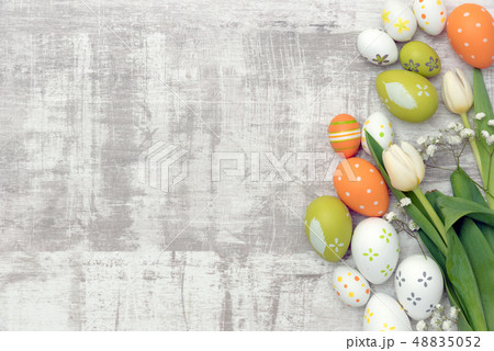 Easter eggs and flowers background 48835052