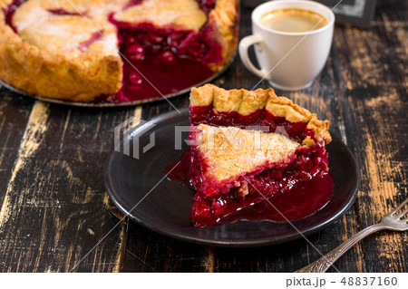 Cherry pie, cup of coffee and menu chalkboard 48837160