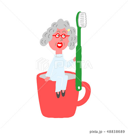 歯ブラシを持ってコップのふちに座るおばあちゃん先生のイラスト素材 46
