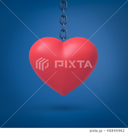 3d rendering of big red heart hanging on metal chain on blue background 48840962