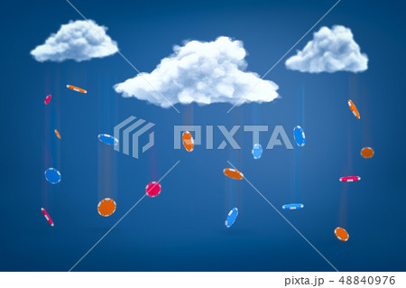 3d rendering of casino chips falling out of white clouds on blue background 48840976