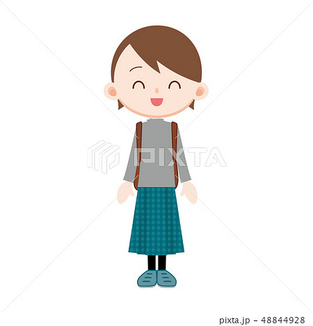 ターコイズブルーのロングスカートを着た女性 リュックを背負うのイラスト素材