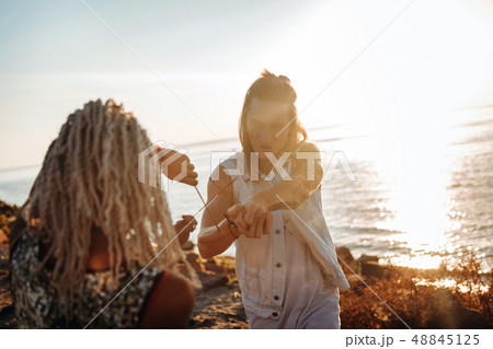 Couple of good-looking travelers having fun together on beautiful seaside 48845125