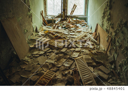 Chornobyl exclusion zone. Radioactive zone in Pripyat city - abandoned ghost town. Chernobyl history Chornobyl exclusion zone. Radioactive zone in Pripyat city - abandoned ghost town. Chernobyl history 48845401