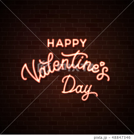 Happy Valentines Day. Neon wire lettering inscription on dark red brick wall background. Glowing Happy Valentines Day. Neon wire lettering inscription on dark red brick wall background. Glowing 48847346