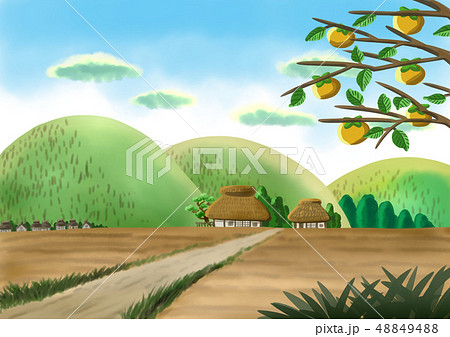 田舎の風景と柿の木のイラスト素材 4494