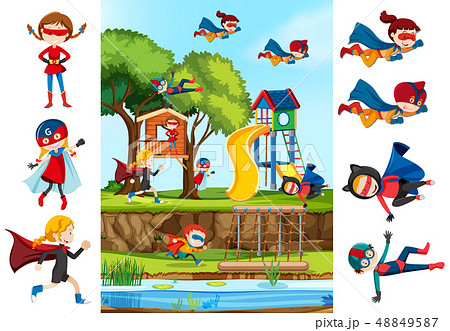 Set of girl superhero and playgrounf background 48849587