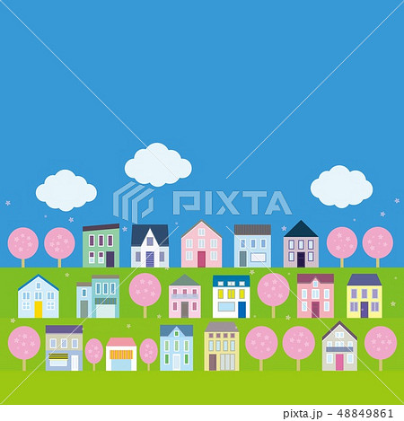 街並み 桜 雲のイラスト素材