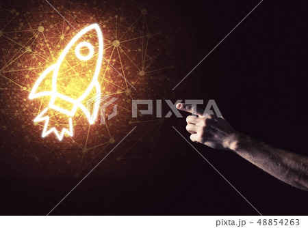 Man palm presenting Rocket web icon as technology concept Man palm presenting Rocket web icon as technology concept 48854263