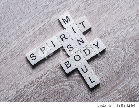 Spirit soul mind and body words made of wooden cubes 48854264