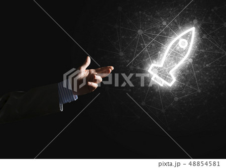 Man palm presenting Rocket web icon as technology concept Man palm presenting Rocket web icon as technology concept 48854581