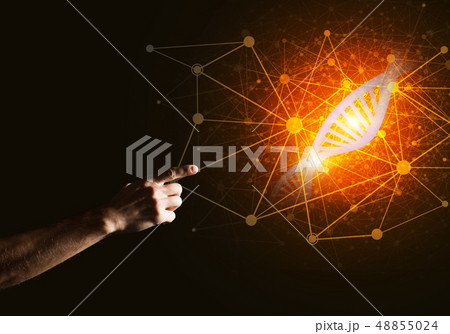 Science medicine and technology concepts as DNA molecule on dark background with connection lines Science medicine and technology concepts as DNA molecule on dark background with connection lines 48855024