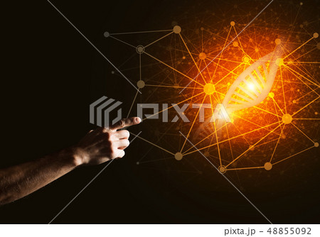 Science medicine and technology concepts as DNA molecule on dark background with connection lines Science medicine and technology concepts as DNA molecule on dark background with connection lines 48855092