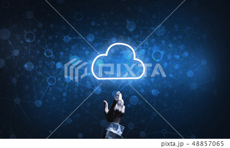 Technology idea concept with glowing cloud icon and touching it finger 48857065