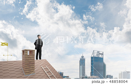 Mister boss on brick roof with arms akimbo. Mixed media 48858004
