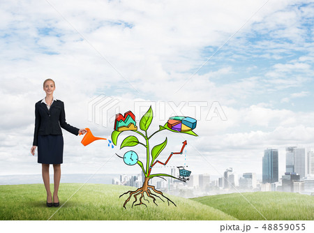Young businesswoman outdoors watering drawn growth concept with can 48859055