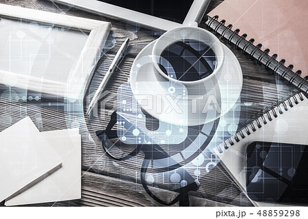 Business workplace with tablet pc and security concept Business workplace with tablet pc and security concept 48859298