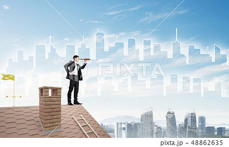 Engineer man standing on roof and looking in spyglass. Mixed media 48862635