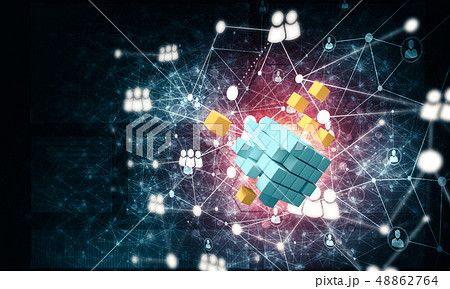 Concept of Internet and networking with digital cube figure on d 48862764