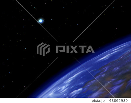 地球上空を行く土星型UFO 48862989