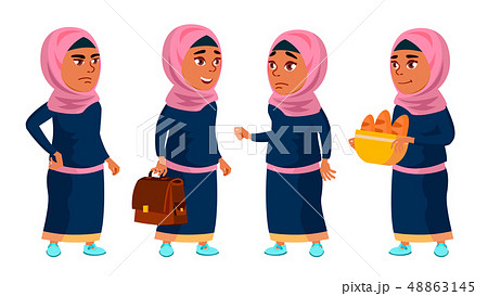 Arab, Muslim Girl School, Girl Kid Poses Set Vector. Teenager, Classroom, Room. For Advertising 48863145