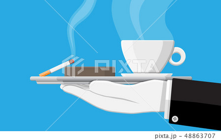 Coffee cup and ashtray full of smokes cigarettes. 48863707
